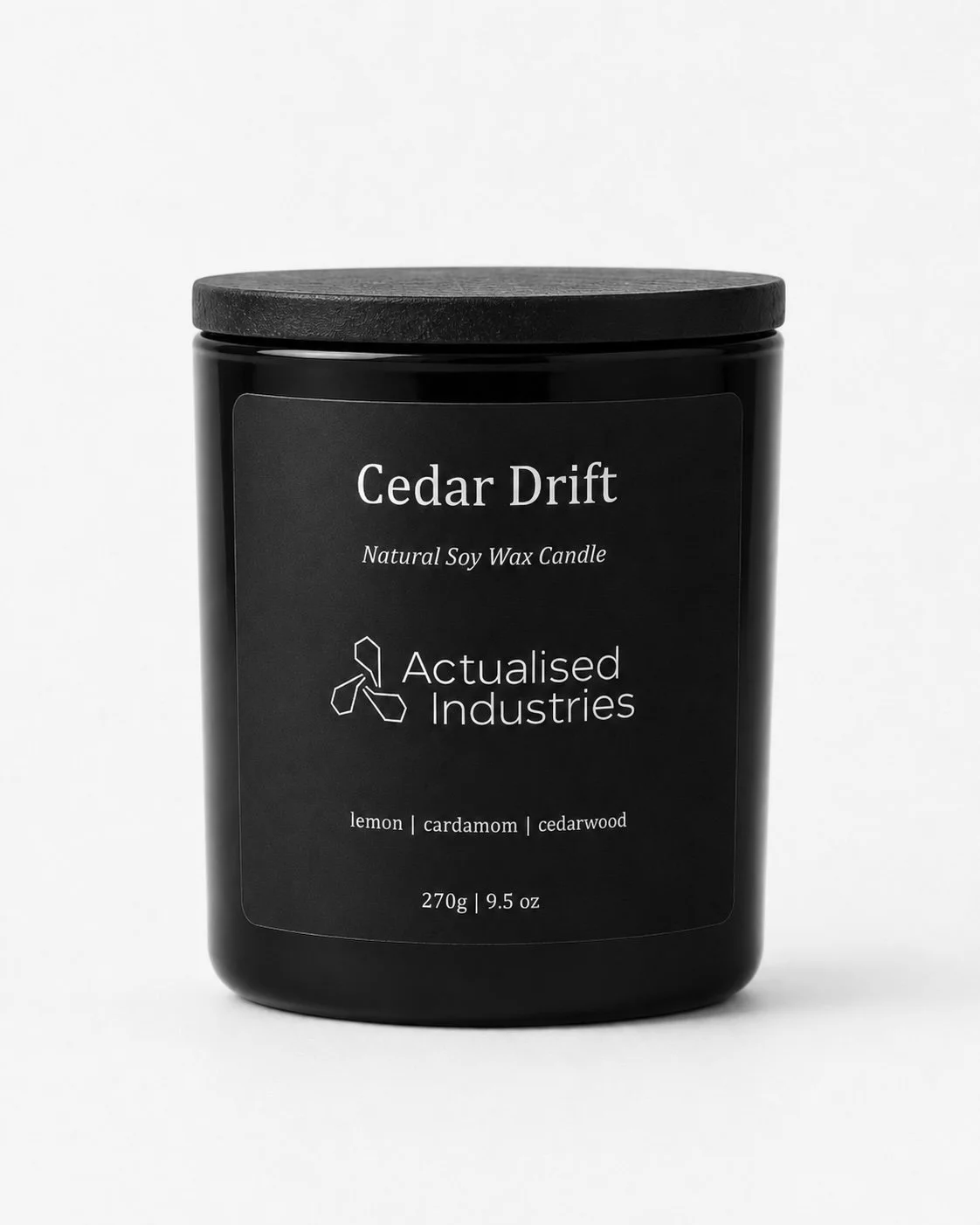 Actualised Industries Cedar Drift scented candle — earthy cedar and woody notes, natural soy wax