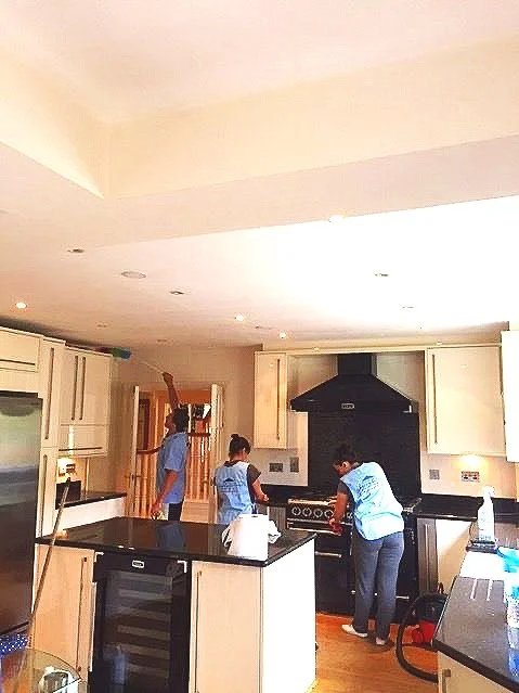 A professional cleaner meticulously wiping down stainless steel appliances and glossy cabinets during an end-of-tenancy kitchen deep clean in Chelsea, London.