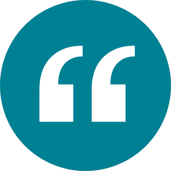 A teal circle with white quotation marks in the center.