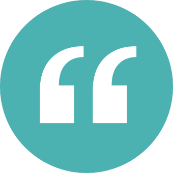 A large teal circle with white quotation marks in the center.