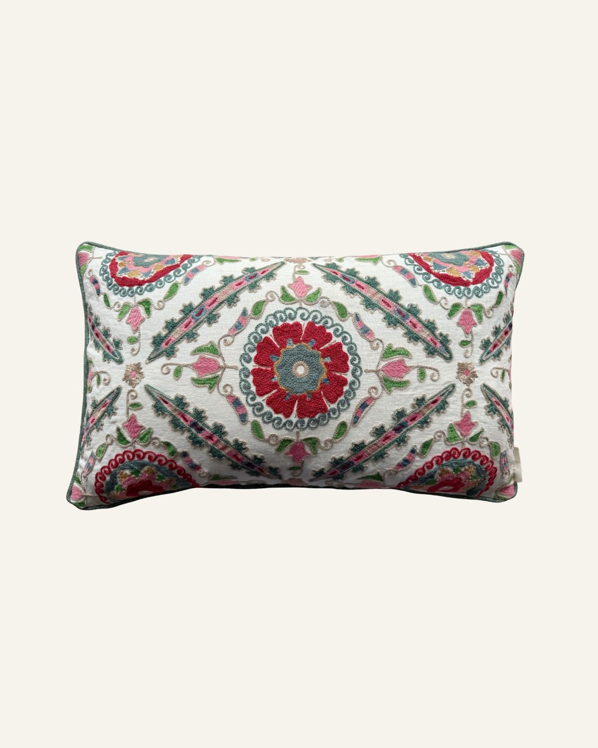 Medium Red and Blue Crewel Work Embroidery Cushion With Green Piping