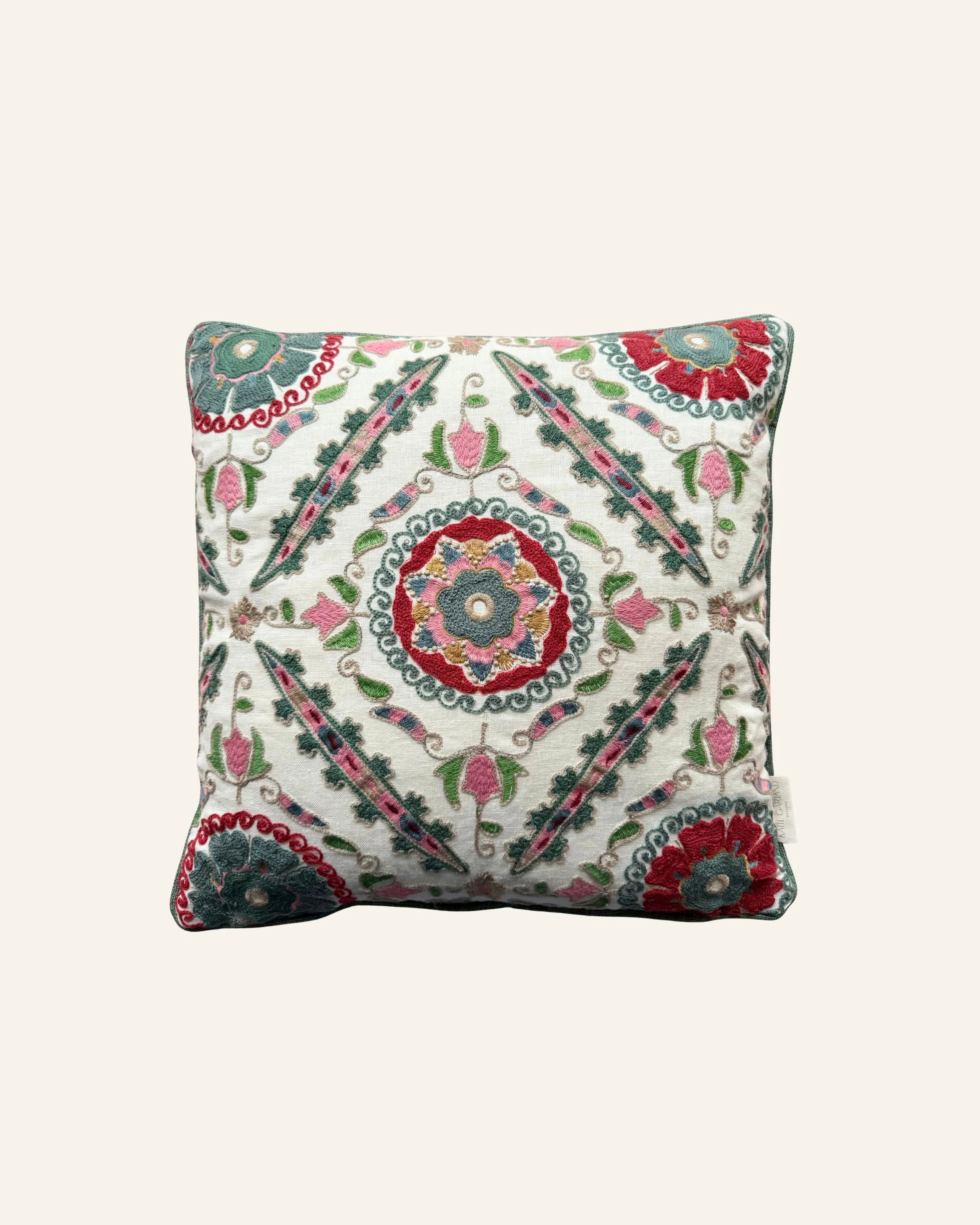 Square Red and Pink Crewel Work Embroidery Cushion With Green Piping
