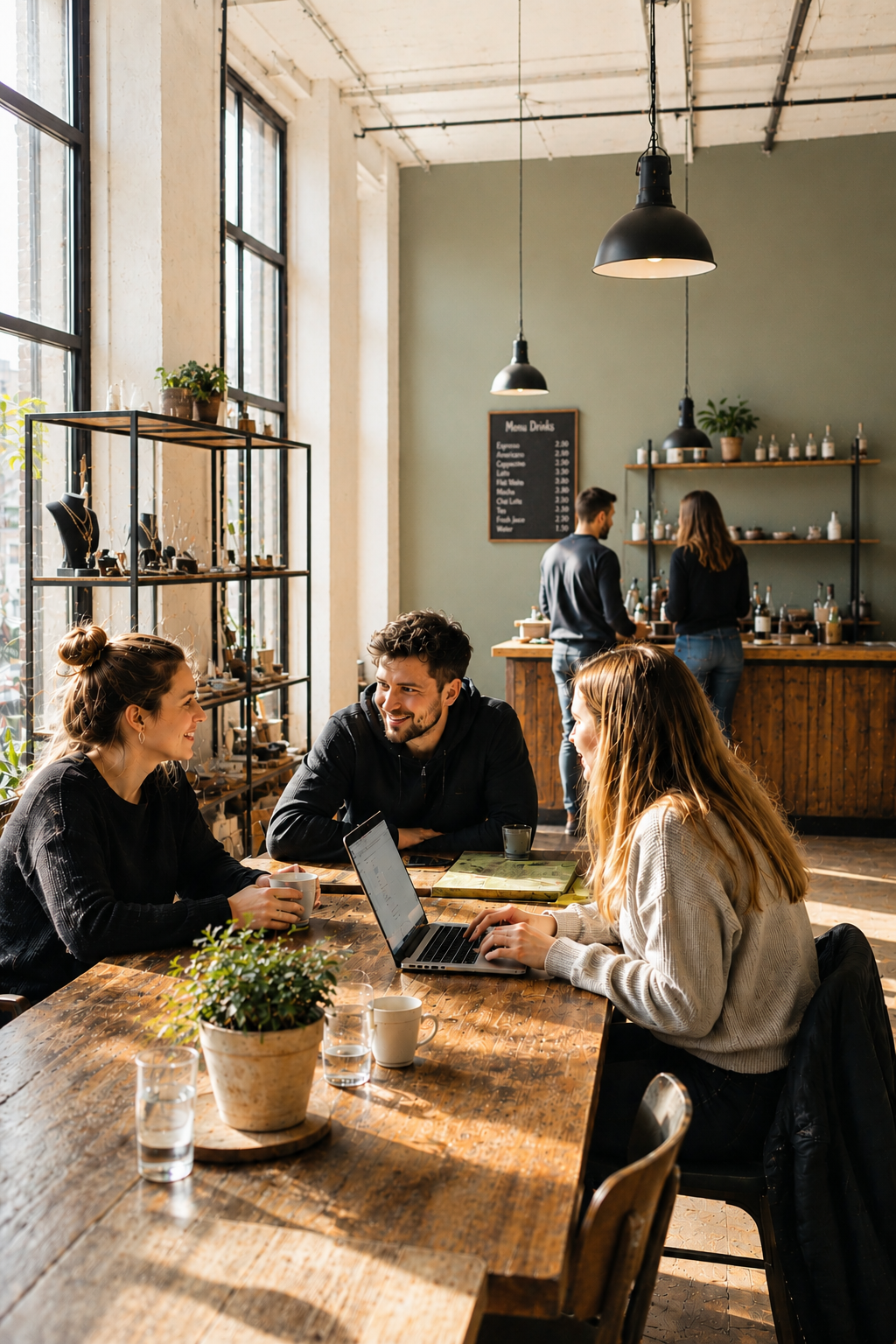 Modernes Café mit Sonnenlicht, grünen Wänden und urbaner Atmosphäre: Drei junge Erwachsene lachen am Holztisch, während eine Frau am Laptop arbeitet. Im Hintergrund stehen zwei Personen an der Theke.