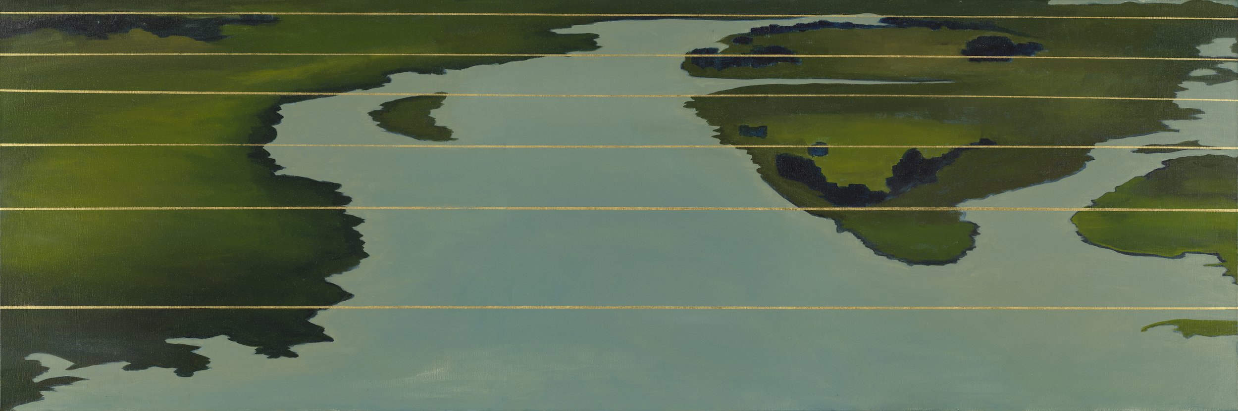 Abstract painting of green land masses on blue background with gold horizontal lines.
