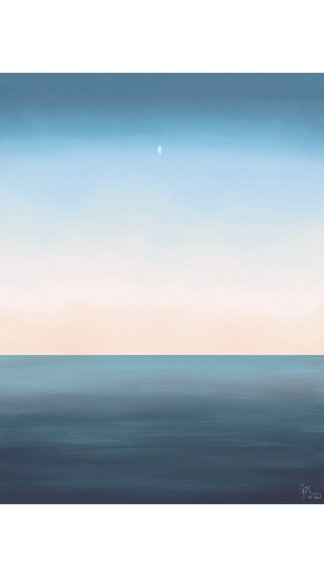 a minimal seascape, a blue/pink gradient sky with a darker blue ocean