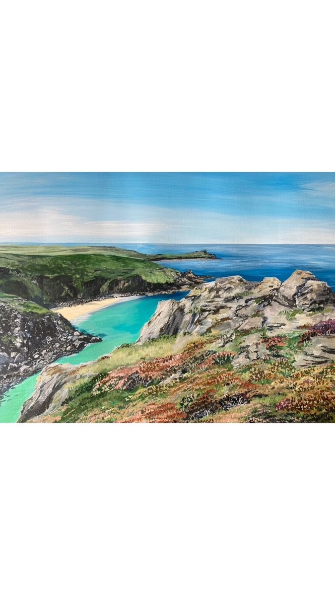 an acrylic painting of the coastpath between Zenor and St Ives