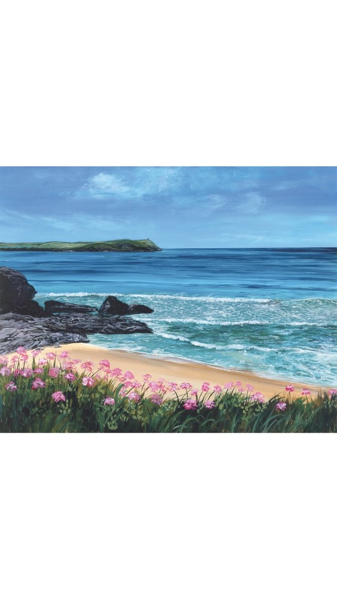 an acrylic painting of polzeath with pink sea thrift flowers in the foreground