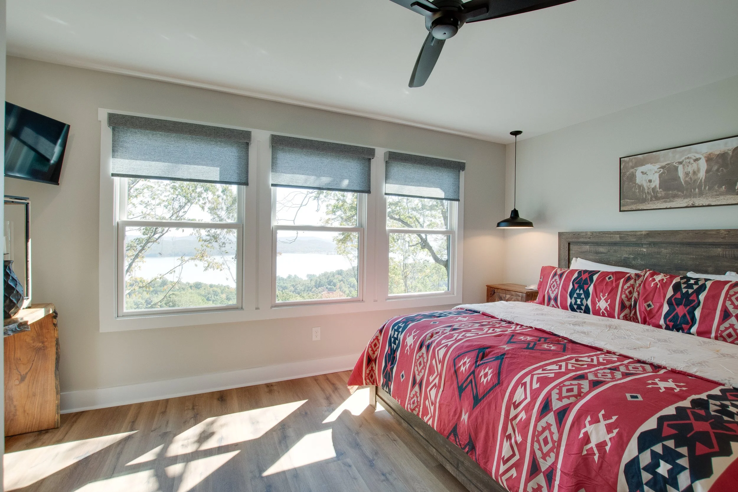 Sunlit bedroom with a large bed covered in a red, blue, and white patterned duvet, wooden desk, wall-mounted TV, three large windows with blinds, and framed black-and-white animal artwork.