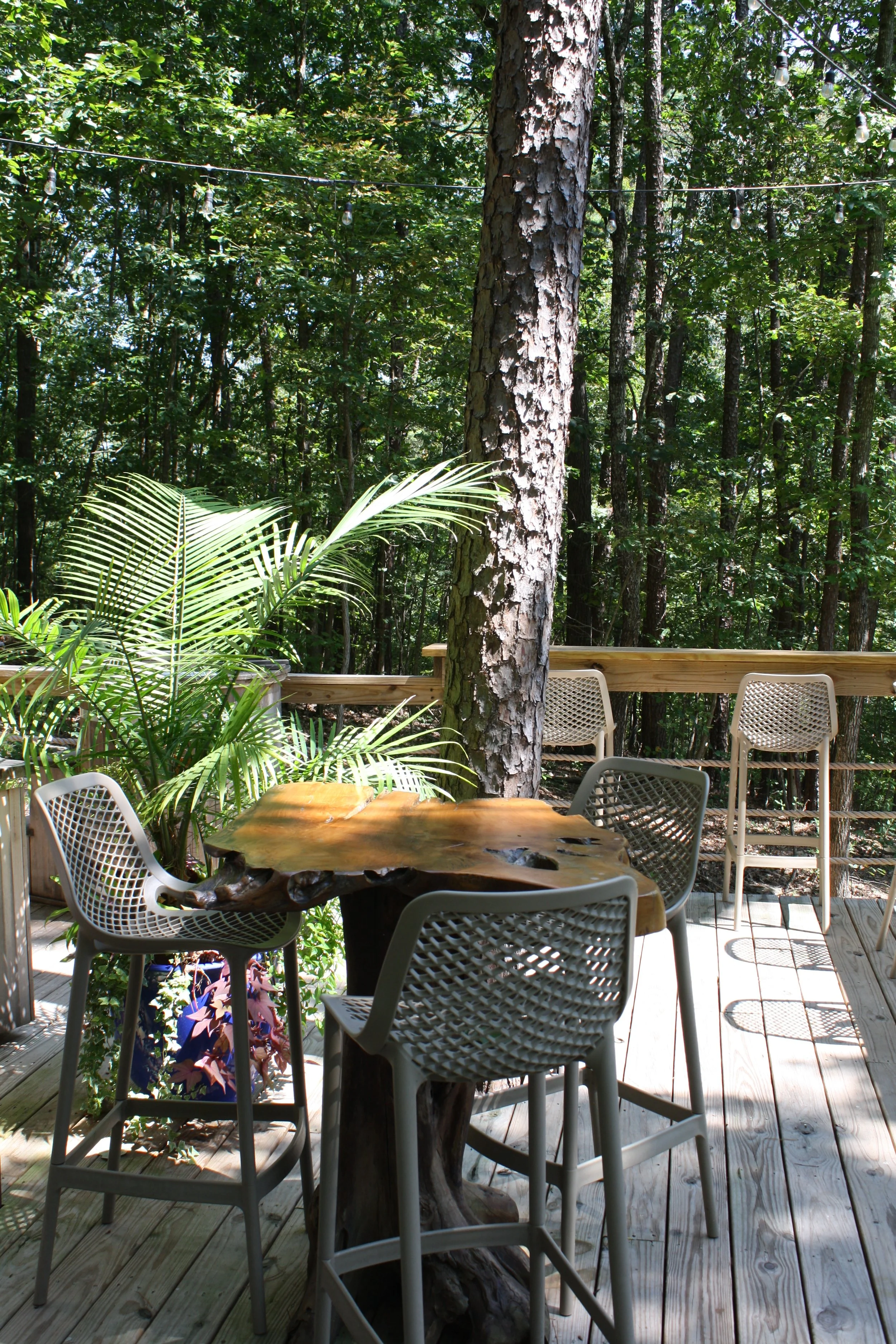 Outdoor wooden deck with a round live-edge wooden table and six white plastic chairs, surrounded by dense green forest with tall trees and a string of outdoor lights overhead.