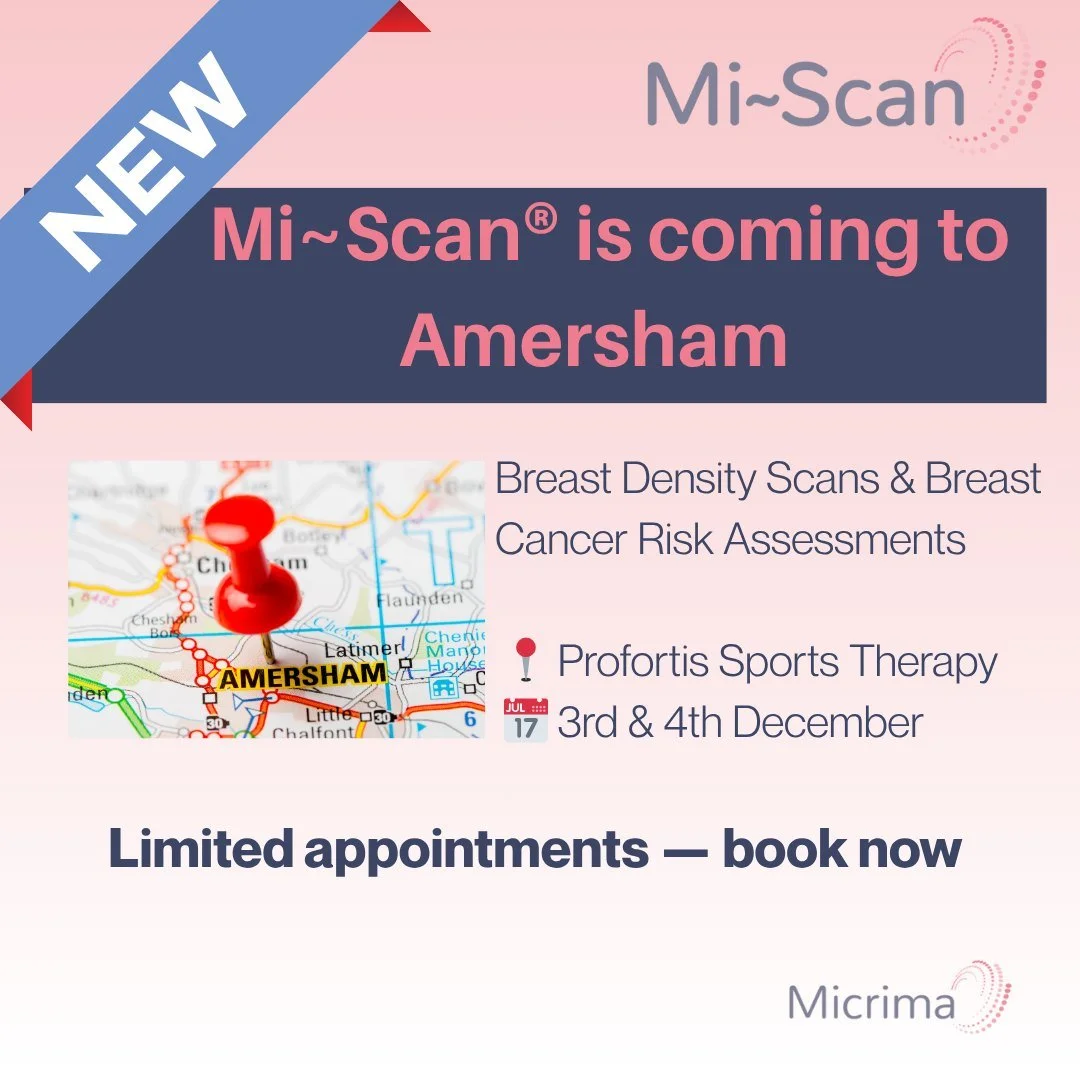 Exciting news! Mi~Scan&reg; is coming to Profortis Sports Therapy, Amersham (Buckinghamshire) on 3rd &amp; 4th December, offering breast density scans and breast cancer risk assessments, carried out by Micrima's expert team.
 
Spots are limited &mdas