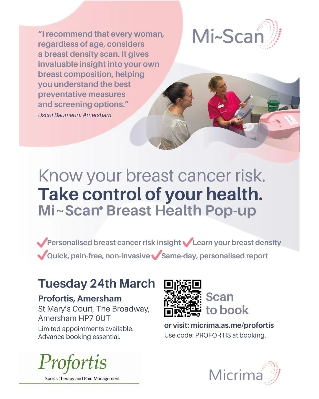 Mi~Scan&reg; pop-up returns to Amersham &ndash; 24 March

Your breast density can influence your future breast cancer risk, yet most women don&rsquo;t know theirs.
✔ Measure your density with Mi~Scan&reg;
✔ Get a personalised risk estimate with Mi~Sc