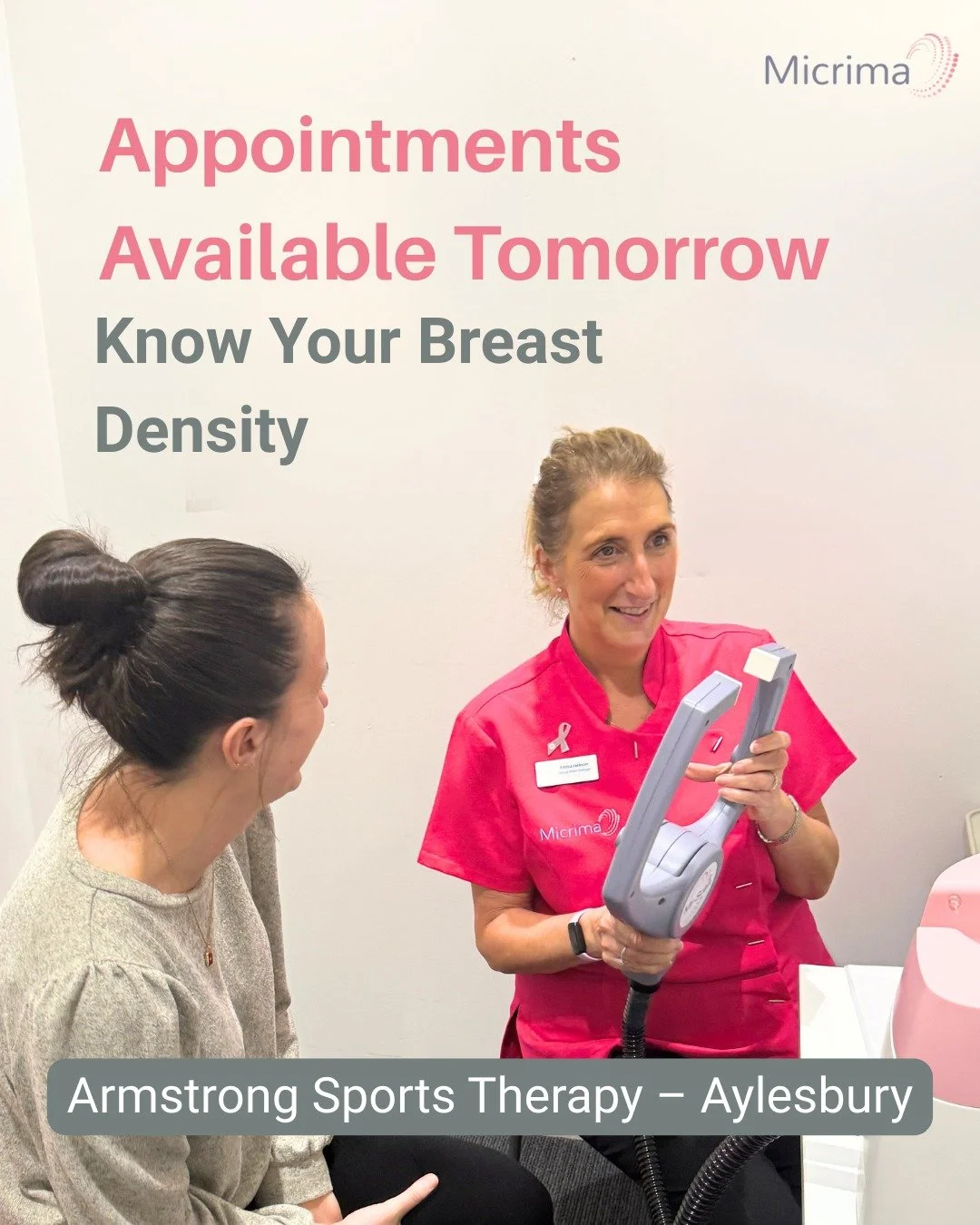 🚨 Aylesbury women &mdash; launching tomorrow 🚨

Mi~Scan&reg; &amp; Mi~Score&reg; now available at Armstrong Sports Therapy.
✔ Personalised density score
✔ Personalised breast cancer risk profile
✔ For women of all ages

Appointments available tomor