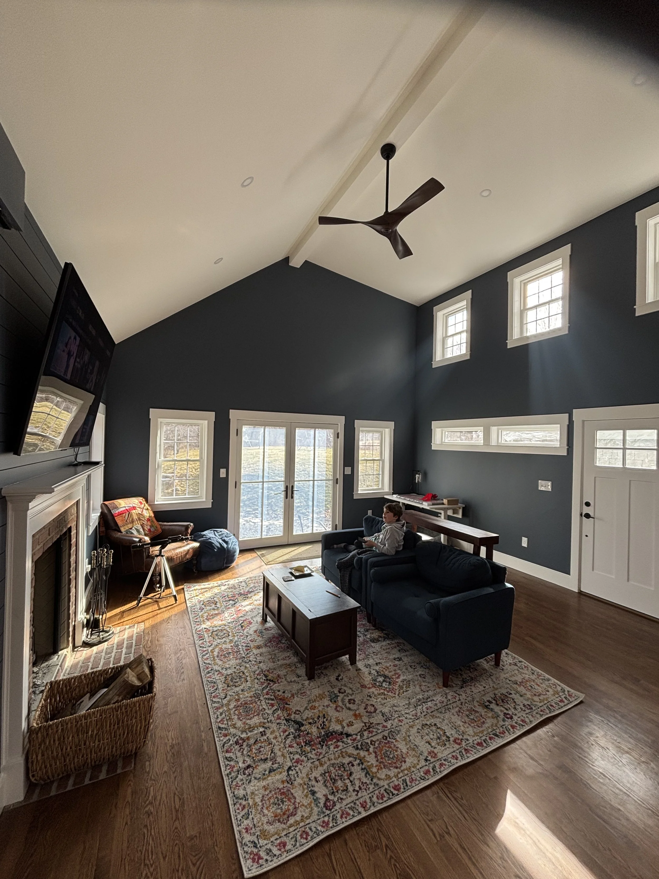 Living room with a vaulted ceiling, dark blue walls, hardwood floors, and multiple windows; a seated boy on a dark blue sofa, a coffee table, an armchair, a television above the fireplace, and a sliding glass door leading outside.