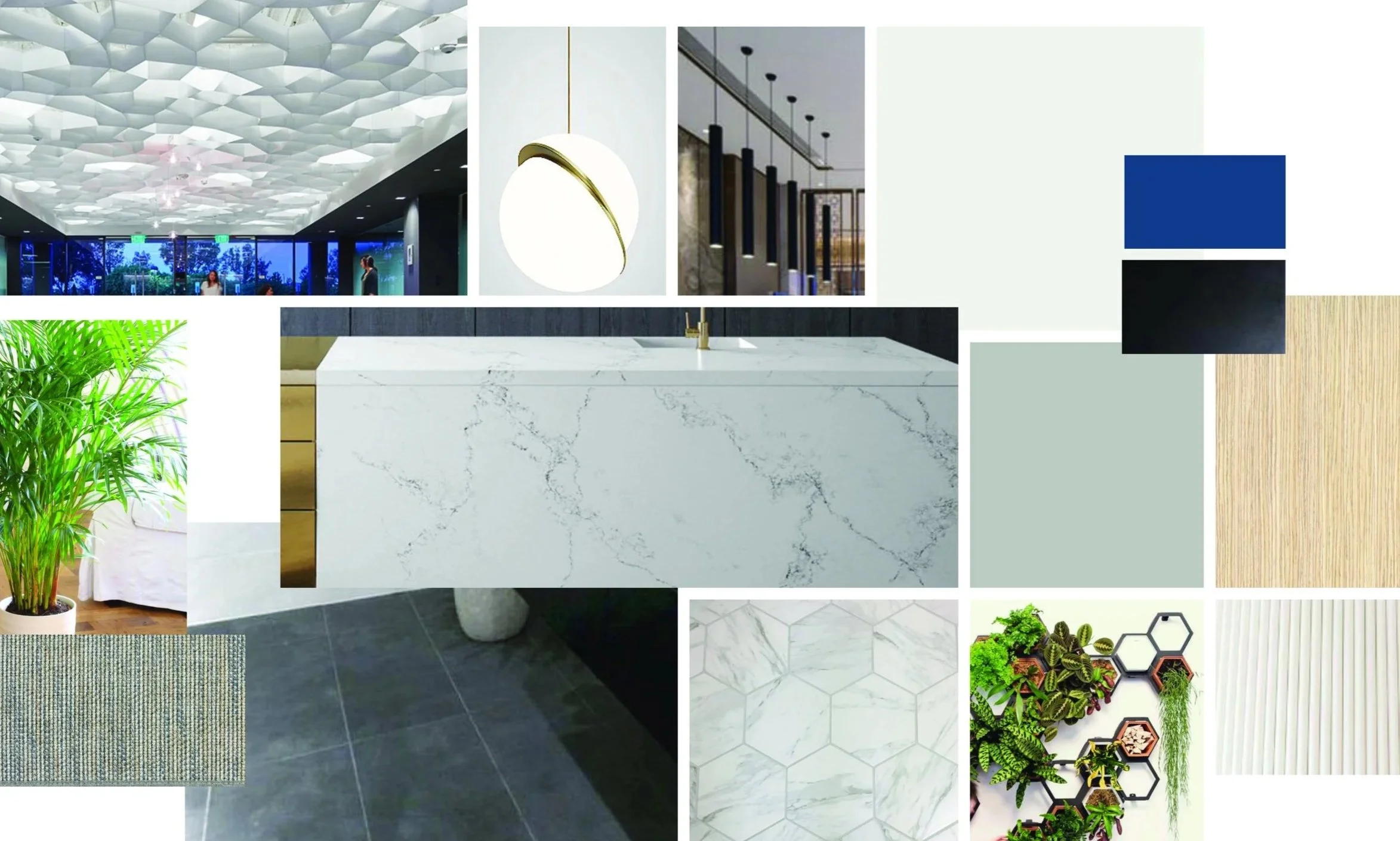 Collage of interior design elements including a ceiling with geometric white panels, pendant lights, kitchen countertop with marble pattern, indoor plants, a textured rug, dark floor tiles, a hexagonal marble tile pattern, a plant wall, and wood and color swatches.