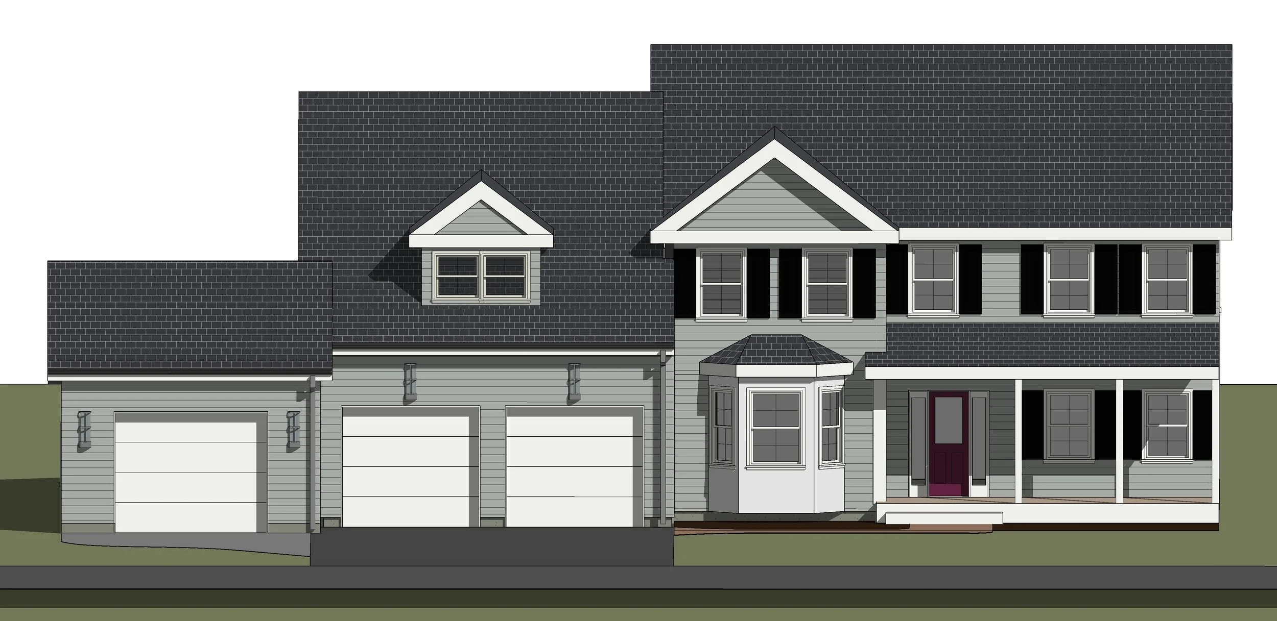 Digital illustration of a two-story suburban house with a three-car garage, a purple front door, and black shutters, set on a grassy lot.