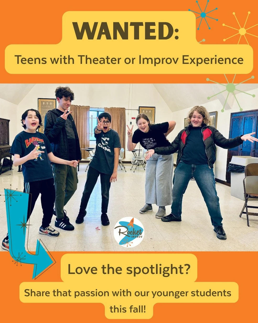 🚀 Know a teen who lives for the spotlight (or at least loves being part of the action)?

Rocket Improv is looking for a few standout volunteers (14+) to assist in our fall improv classes! ONE hour after school on Mondays or ONE hour after school on 