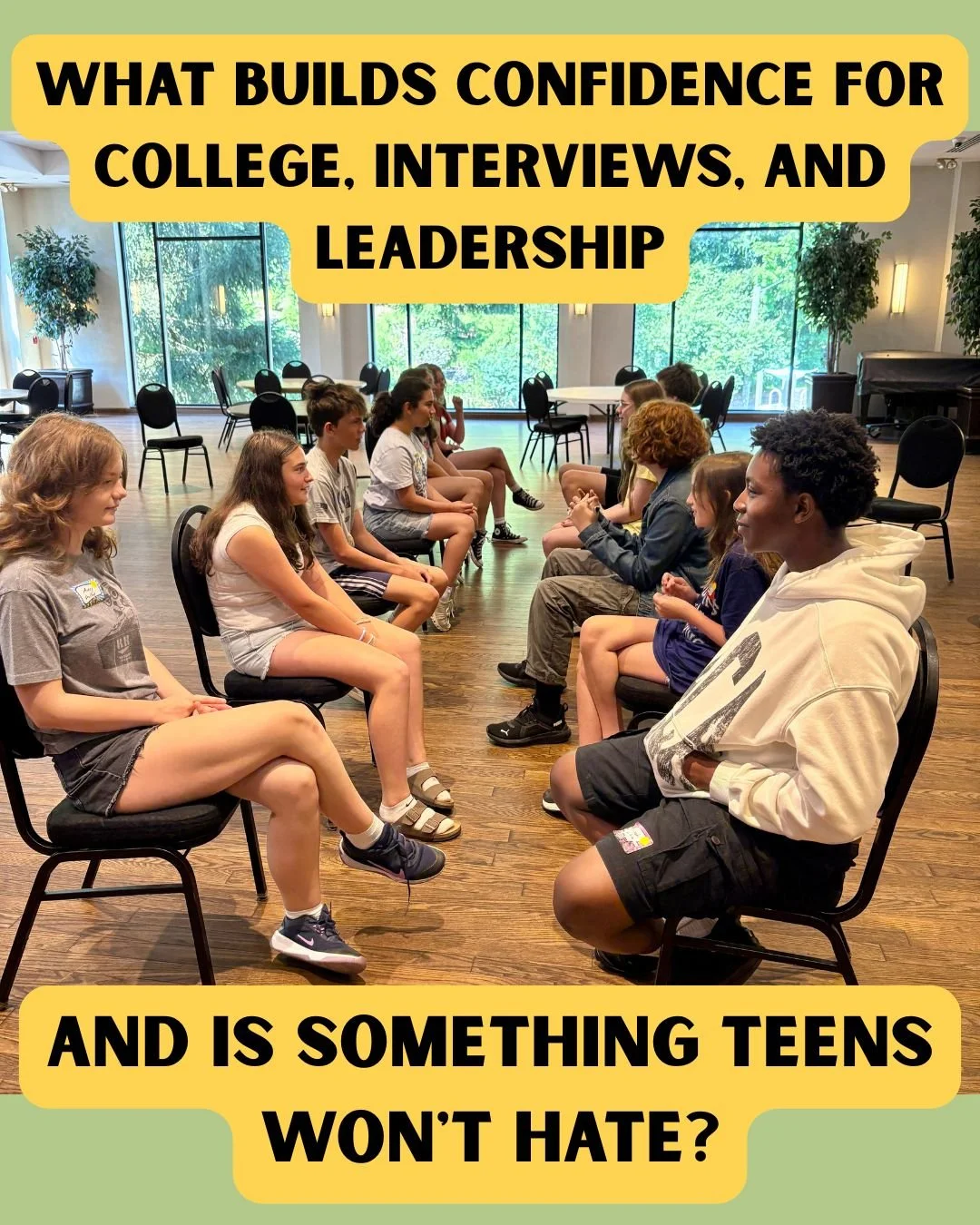 Improv.

Not just comedy-for-comedy&rsquo;s-sake.
Real-world skills teens actually use.

In our teen improv classes, students practice:
&bull; speaking up without overthinking
&bull; thinking on their feet
&bull; listening and responding (not memoriz