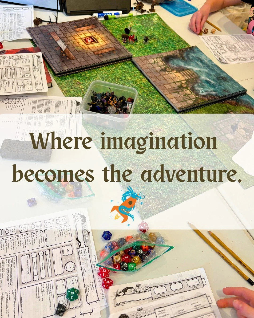 Parents sometimes ask us what happens during our D&amp;D sessions.

The short answer? A LOT of imagination. 🎲✨

Kids and teens step into a collaborative story where they create characters, solve problems, and build adventures together. Guided by our