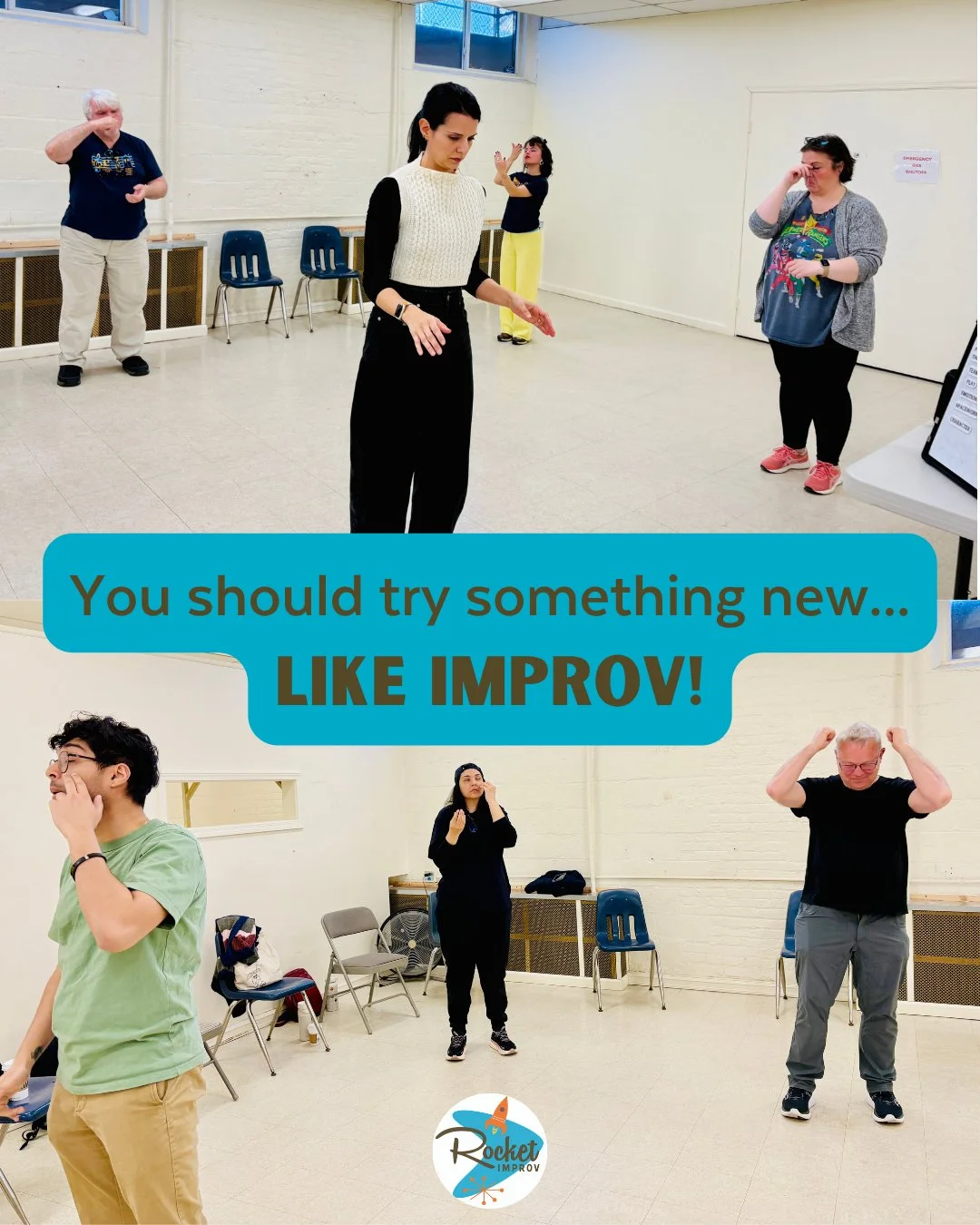 PSA: improv is way more fun than it is intimidating. 🎭⚡

You just need to be curious enough to try something new. 🎭⚡

Rocket Improv classes are for adults who want to get out of their routine, laugh more, meet new people, build confidence, and do s