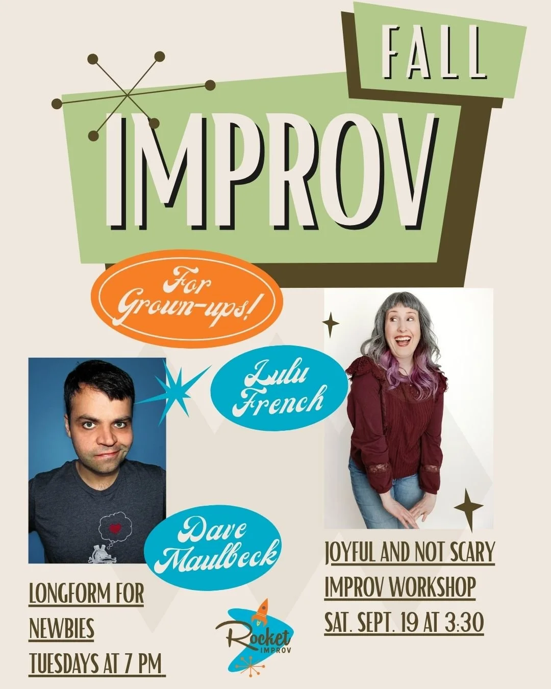 Looking for adult improv classes in New Jersey this fall? Rocket Improv has two very different ways to get into the room and start playing.

✨ JOYFUL AND NOT SCARY IMPROV
Saturday, September 19
3:30&ndash;5:30 PM

A welcoming, low-pressure workshop f