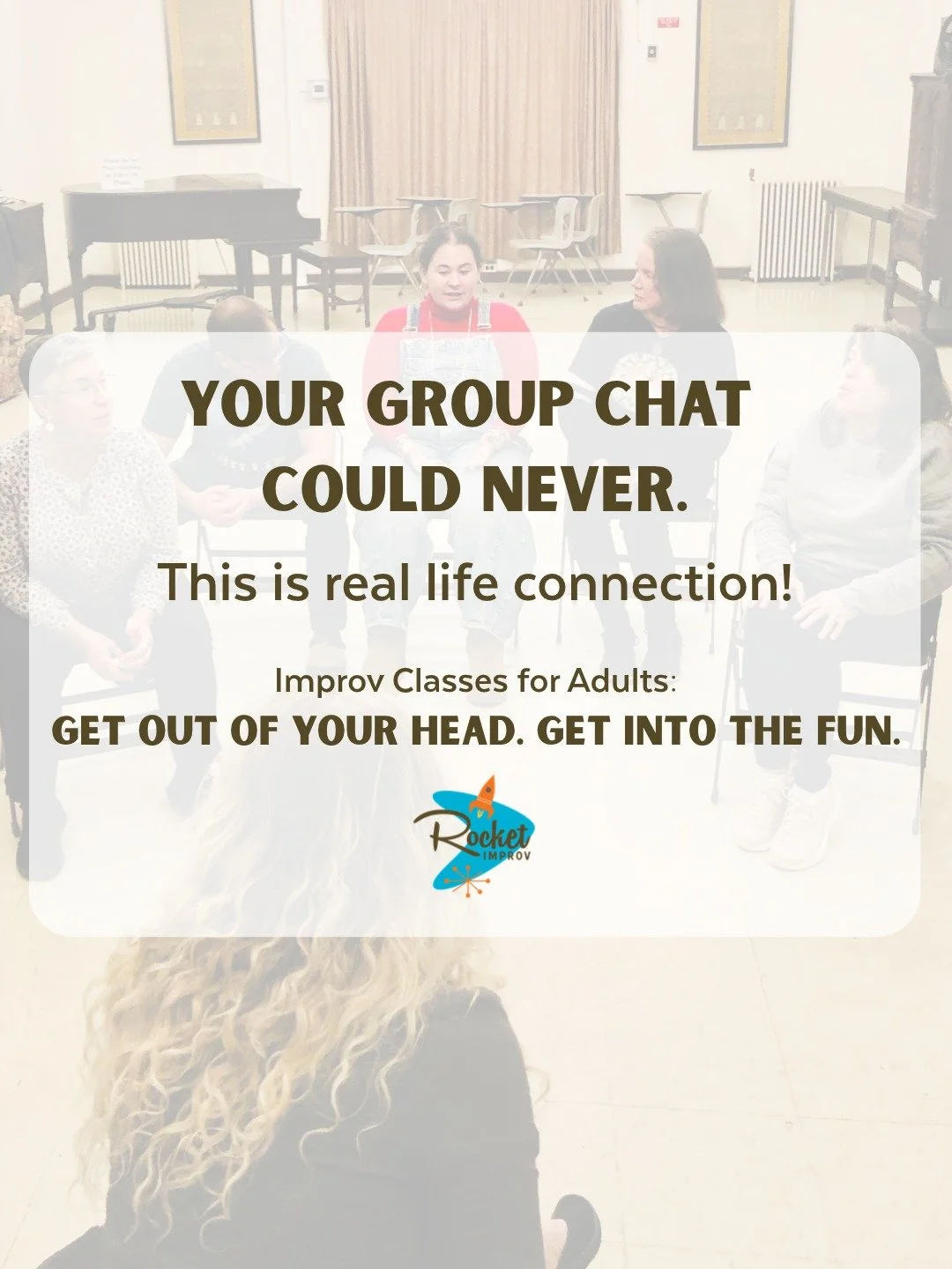 🎭 Who says playtime is just for kids?

Step out of your routine, meet new people, get out of your head, and discover just how much fun improv can be. Come laugh, get creative, and bring a little more fun into your everyday routine at Rocket Improv!
