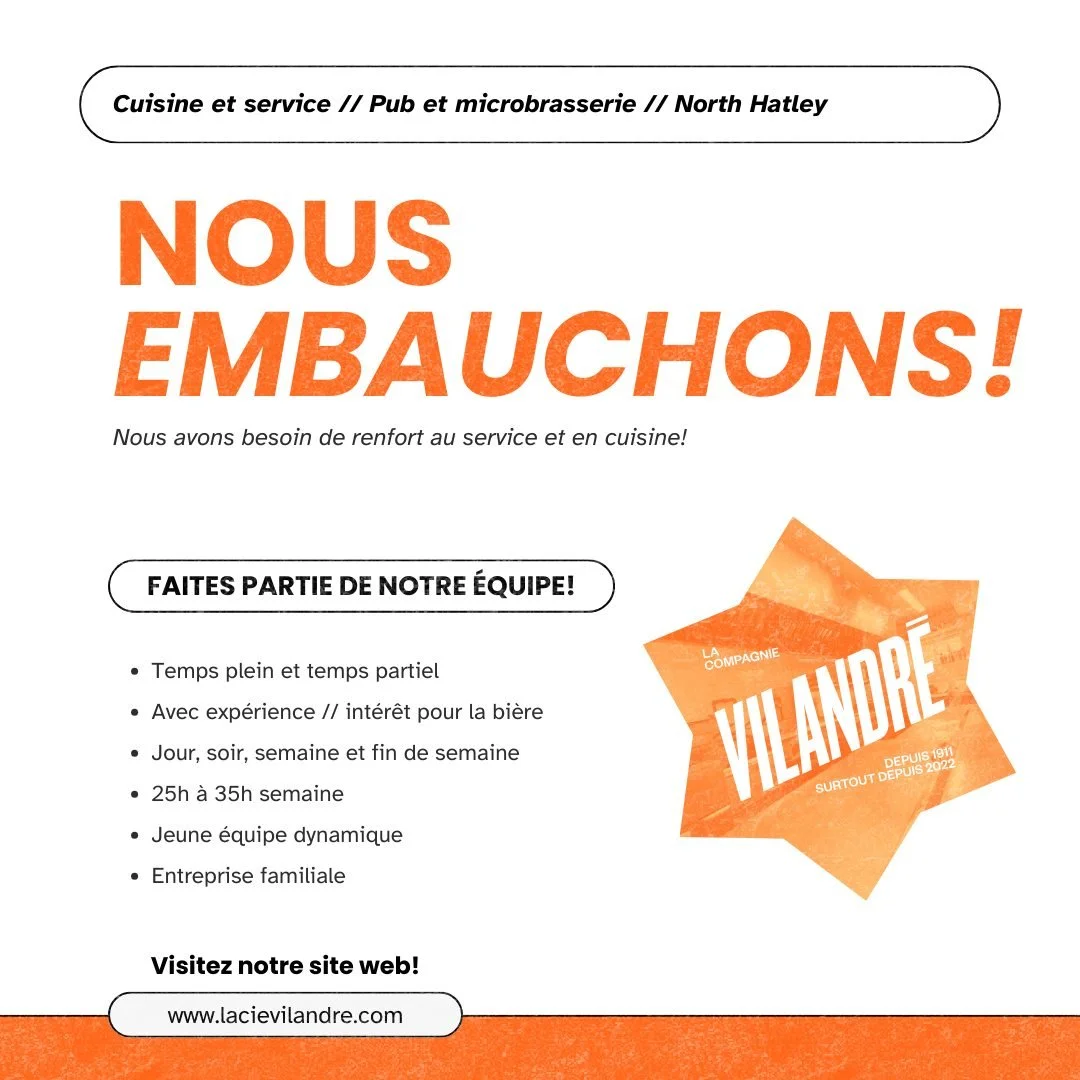 La famille s&rsquo;agrandit! 👪

Avec l&rsquo;ouverture du salon de d&eacute;gustation et l&rsquo;arriv&eacute;e de la saison estivale, nous sommes &agrave; la recherche de renforts, tant au resto-pub qu&rsquo;&agrave; la brasserie.

Merci de faire p