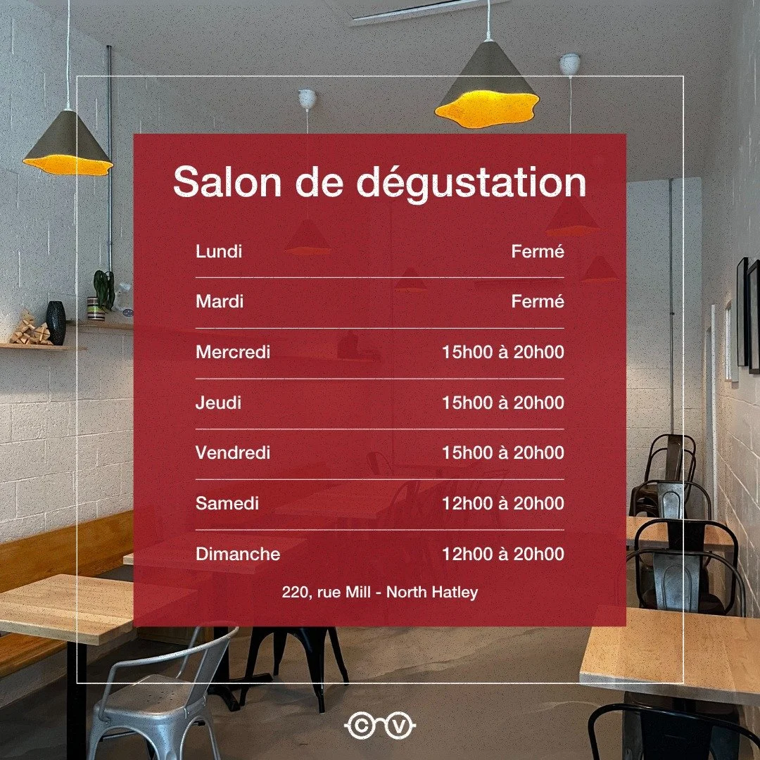 🍻Nouvel horaire pour notre salon de d&eacute;gustation!
📍220, rue Mill, North Hatley