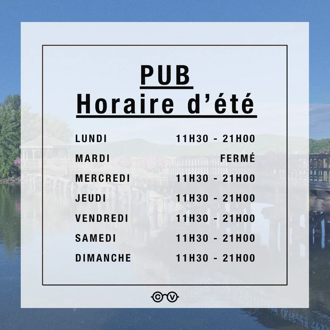 🍗*PUB*🍔

L'horaire d'&eacute;t&eacute; entre en vigueur d&egrave;s le lundi 16 juin!

Pub de La Cie Vilandr&eacute;
📍3050, Ch. Capelton, North Hatley

 #northhatley #lacievilandre #cantonsdeĺest #bieresdemicrobrasserie