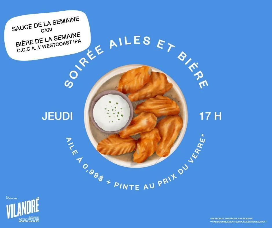 *PUB* // Soir&eacute;e ailes du jeudi 26 juin 17h00 // ⚜🍗🍺

🍗Sauce de la semaine: Cari maison
🍺Bi&egrave;re de la semaine: C.C.C.A. // Westcoast IPA

*Valide uniquement sur place en restaurant