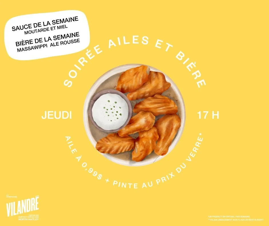 *PUB* 

Jeudi 18 septembre 17h00 // 🍯🌭

🍗Sauce de la semaine: Moutarde et miel
🍺Bi&egrave;re de la semaine: Massawippi // Ale rousse

*Valide uniquement sur place en restaurant