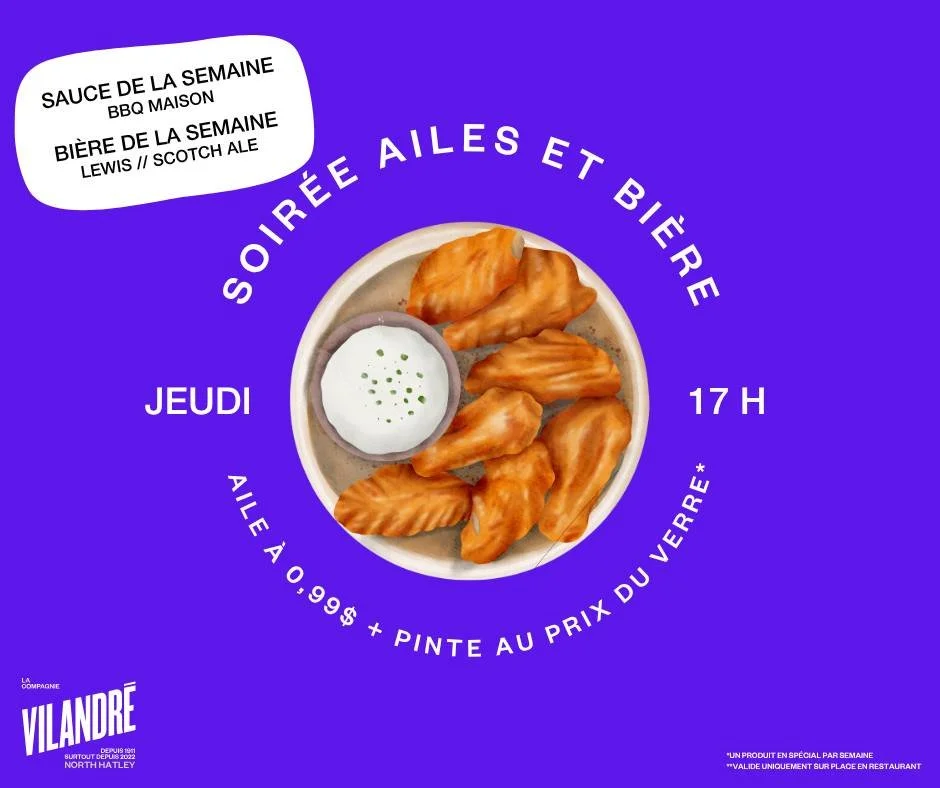 *𝑷𝑼𝑩* 
L'hiver est l&agrave;, venez vous r&eacute;chauffer avec une bonne pinte de scotch ale!

Jeudi 20 novembre 17h00 // 🌨❄
🍗Sauce de la semaine: BBQ maison
🍺Bi&egrave;re de la semaine: Lewis // Scotch Ale

*Valide uniquement sur place en res