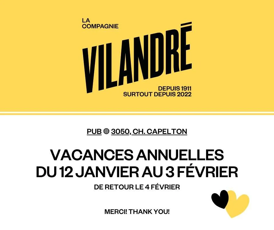* 𝗩𝗔𝗖𝗔𝗡𝗖𝗘𝗦 𝗘𝗧 𝗛𝗢𝗥𝗔𝗜𝗥𝗘 𝗝𝗔𝗡𝗩𝗜𝗘𝗥 *

🍔𝗣𝗨𝗕
Derni&egrave;re semaine de service avant les vacances!
Le 𝗣𝗨𝗕 sera ferm&eacute; du 𝟭𝟮 𝗷𝗮𝗻𝘃𝗶𝗲𝗿 𝗮𝘂 𝟯 𝗳𝗲́𝘃𝗿𝗶𝗲𝗿.

🍺𝗦𝗔𝗟𝗢𝗡 𝗗𝗘 𝗗𝗘́𝗚𝗨𝗦𝗧𝗔𝗧𝗜𝗢𝗡
Le salon d
