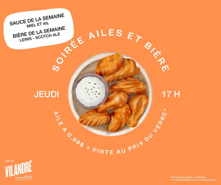 * 𝗣𝗨𝗕 *
🌞Soir&eacute;e ailes du 19 f&eacute;vrier!

🍗Sauce de la semaine: Miel et ail
🍺Bi&egrave;re de la semaine: Lewis - Scotch ale

🏒Rappel : nous diffuserons la finale olmpique de hockey f&eacute;minin &agrave; la brasserie (220, rue Mill)