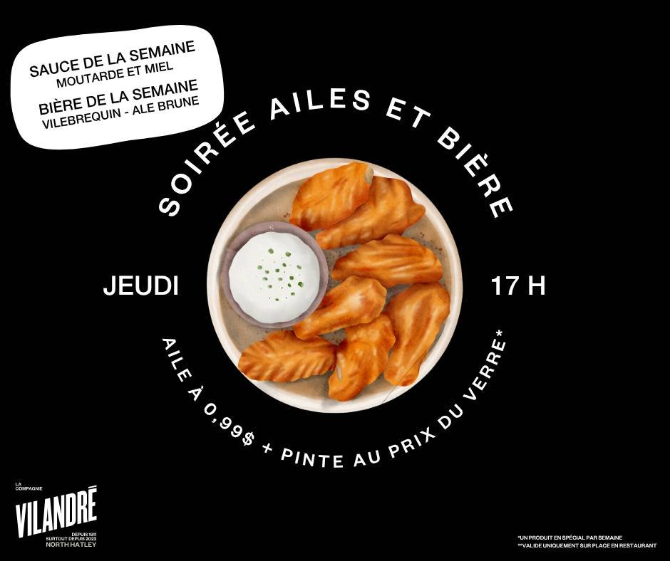 * 𝗣𝗨𝗕 *
Soir&eacute;e ailes du 9 avril

🍗Sauce de la semaine: Moutarde et miel
🍺Bi&egrave;re de la semaine: Vilebrequin - Ale brune au sirop d'&eacute;rable

* 𝗕𝗥𝗔𝗦𝗦𝗘𝗥𝗜𝗘 *
🏒Canadiens c. Bolts d&egrave;s 19h00!