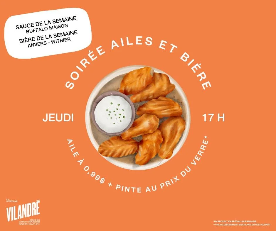 🍗 𝗣𝗨𝗕 🍗 
Soir&eacute;e ailes du 4 juin !

🍗Sauce de la semaine : Buffalo maison
🍺Bi&egrave;re de la semaine : Anvers et contre tous - Witbier
⏰D&egrave;s 17 h 00