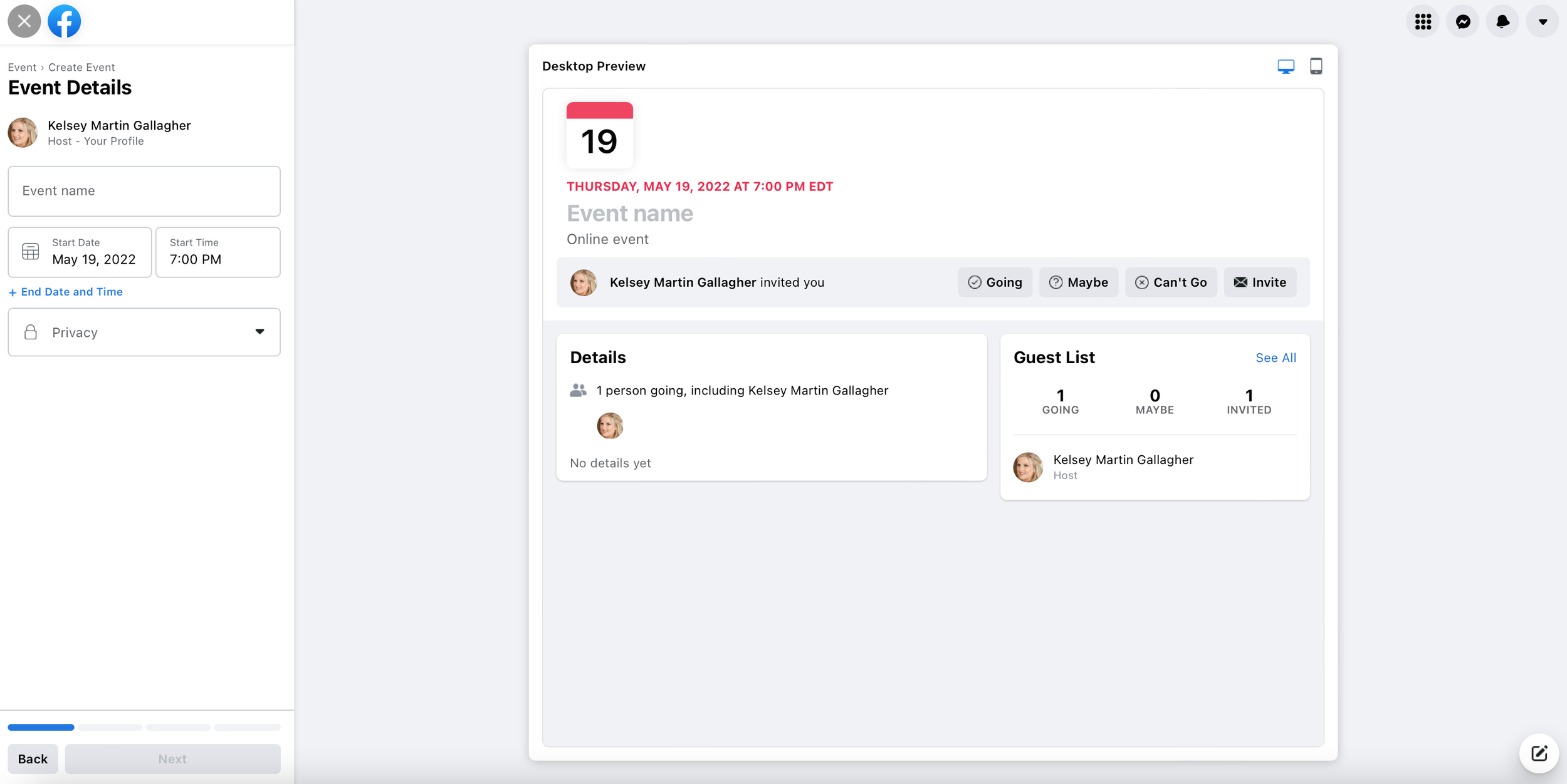 Comparative: Facebook. Event pages are identical, fillable templates with options to add images for personalization. Simple overview of event details and preview page with invites categorized by groups for easy additions and sorting.