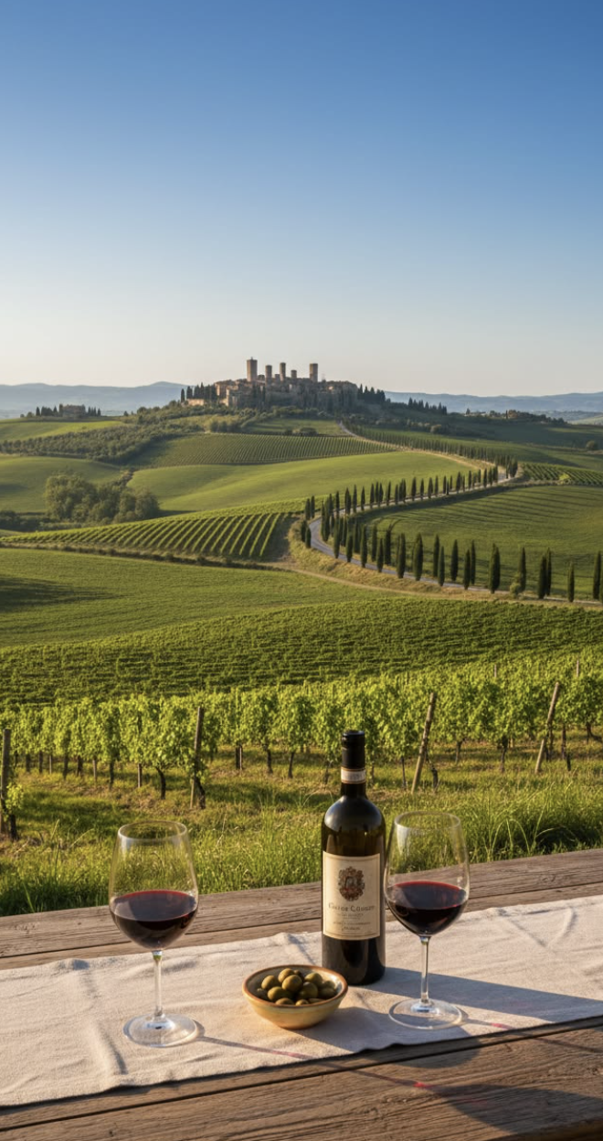 Vignobles et collines de Toscane au coucher du soleil avec table dressée face aux vignes en Italie