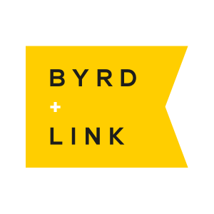 Byrd + Link logo: a bold yellow pennant flag shape with BYRD + LINK in black text