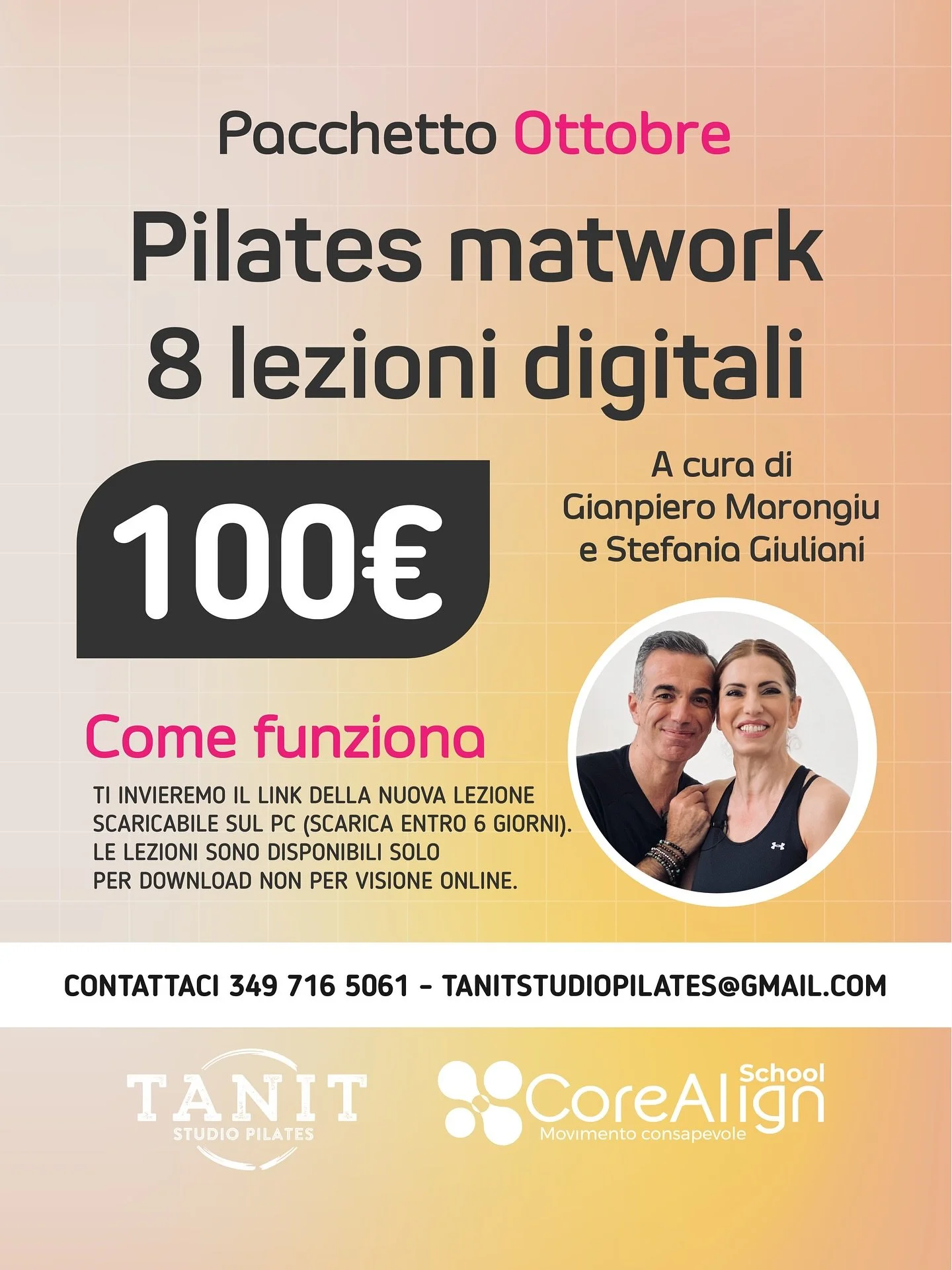 Ogni mese svilupperemo per voi un pacchetto di 8 lezioni digitali di Pilates Matwork al costo di 100€. Prima lezione: 8 Ottobre
📆 Programma Ottobre:
Riattivazione muscolare
Mobility vs flexibility
Softball: mobility
Tridimensionalità de