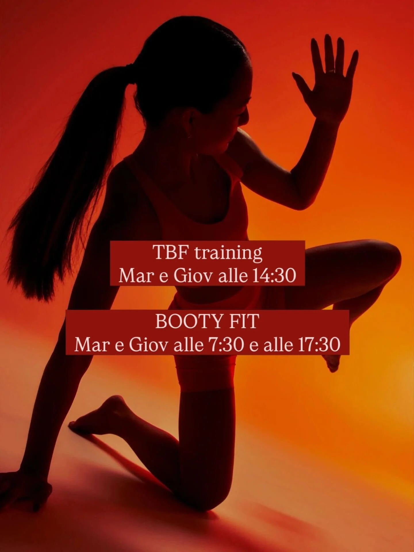 TBF training: Mar e Giov alle 14:30
BOOTY FIT: Mar e Giov alle 7:30 e alle 17:30

Ti aspettiamo per una prova gratuita!