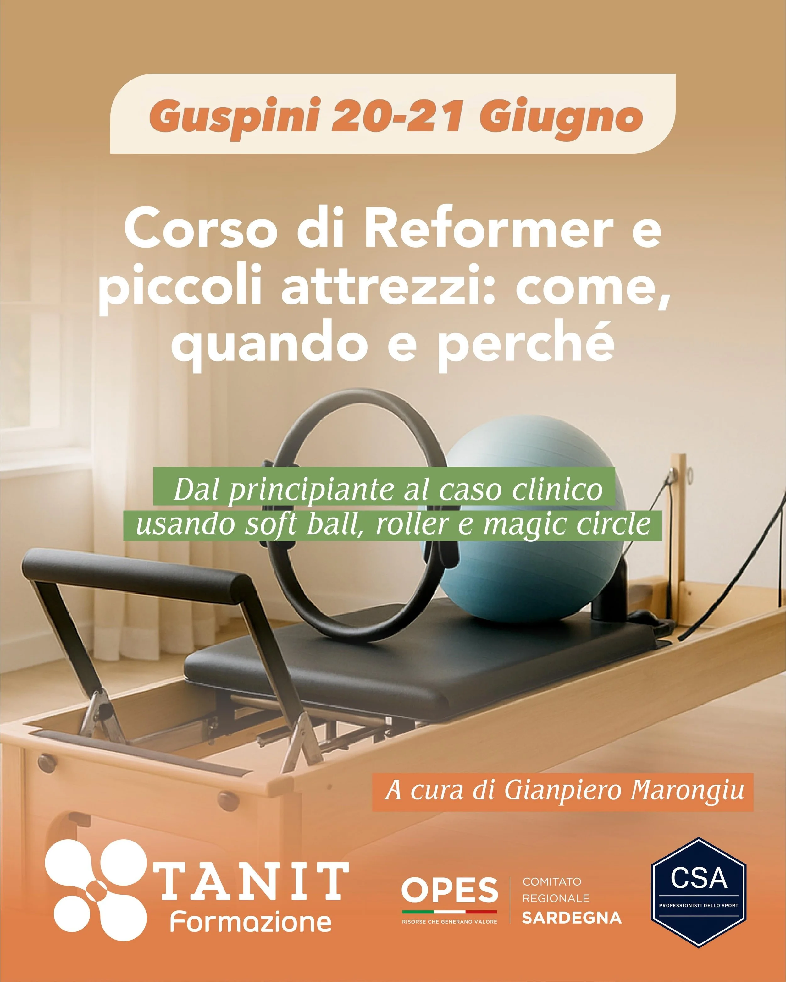Eleva le tue competenze con il corso di &ldquo;Reformer e piccoli attrezzi: come, quando e perch&eacute;&rdquo;.
Sotto la guida di Gianpiero Marongiu approfondirai l&rsquo;uso combinato del Reformer con i piccoli attrezzi del Pilates: soft ball, roll
