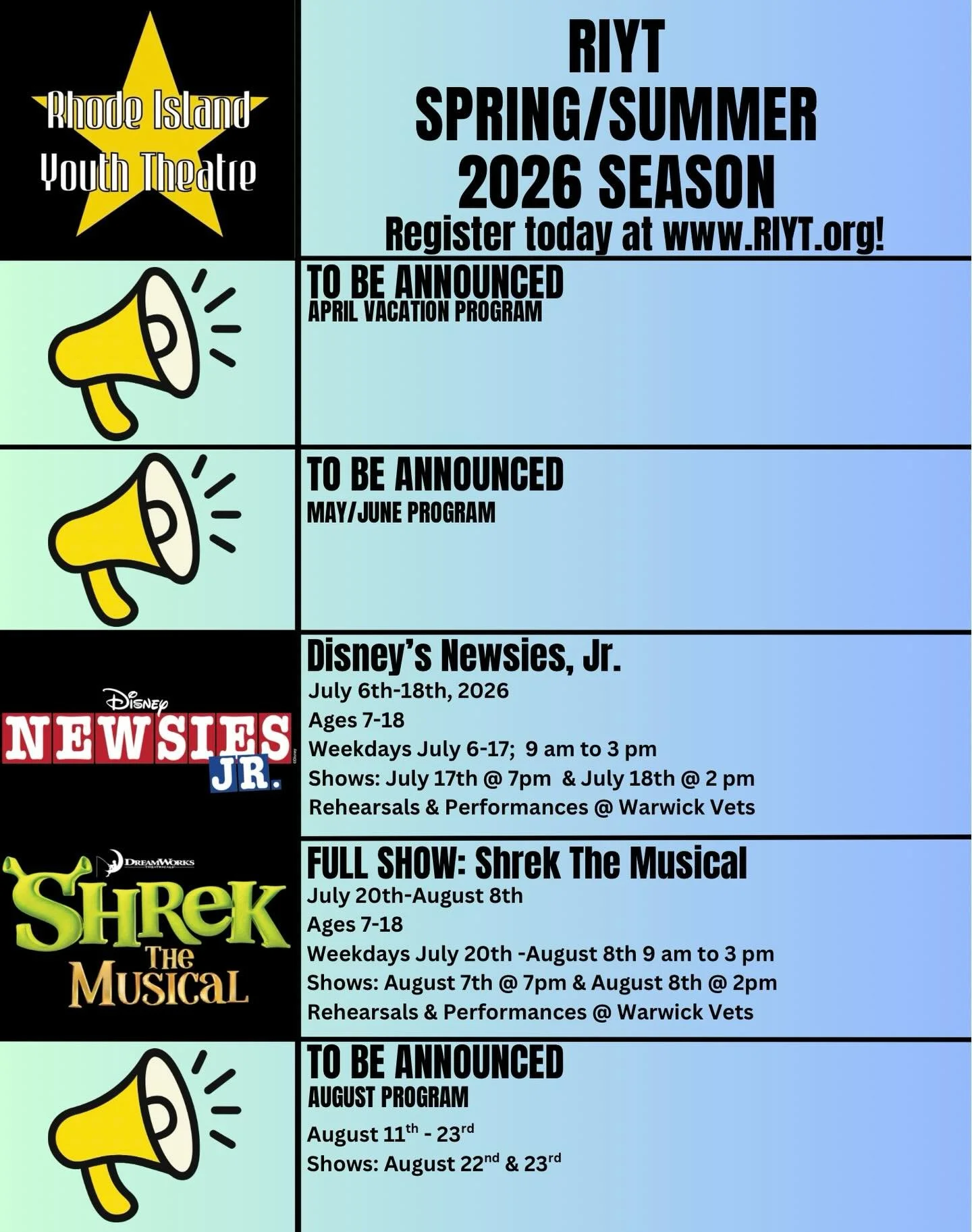 Summer 2026 countdown starts NOW!!! 3 more programs to be announced so stay tuned, but for now, get excited for our two shows to be performed at Warwick Vets!! Register today at www.RIYT.org 🤩🎭⭐️