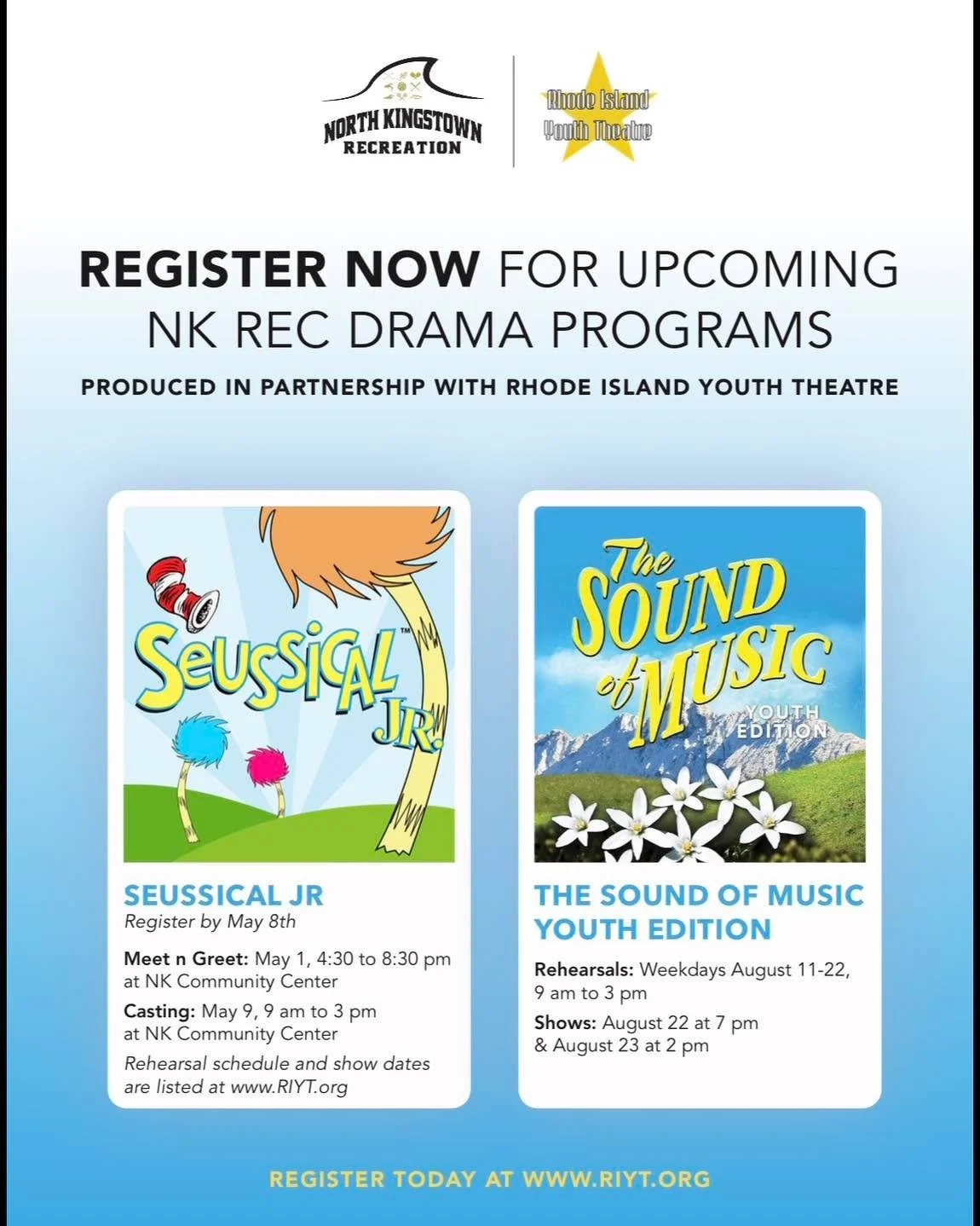 Sign ups are live for the NK Theatre Season! Join the #RIYT family! 
Register online: riyt.org