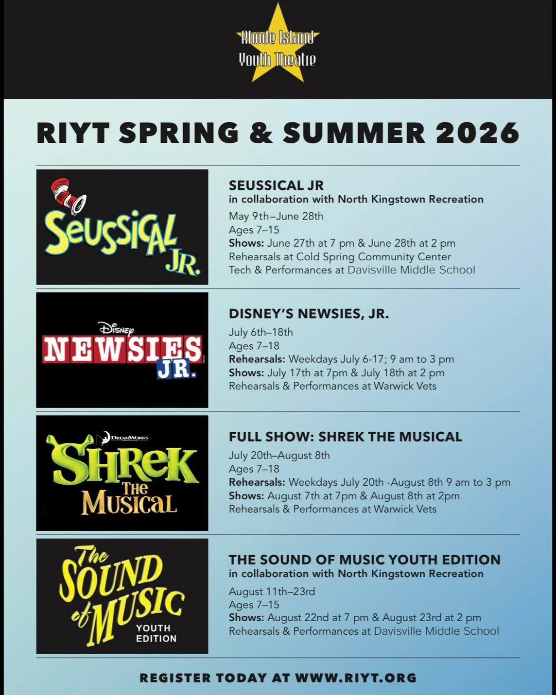 Another summer season reminder! ✨❤️&zwj;🔥 
Please note the location change from North Kingstown High School to Davisville Middle School for Seussical Jr. and Sound of Music Youth Edition Performances! 🎭