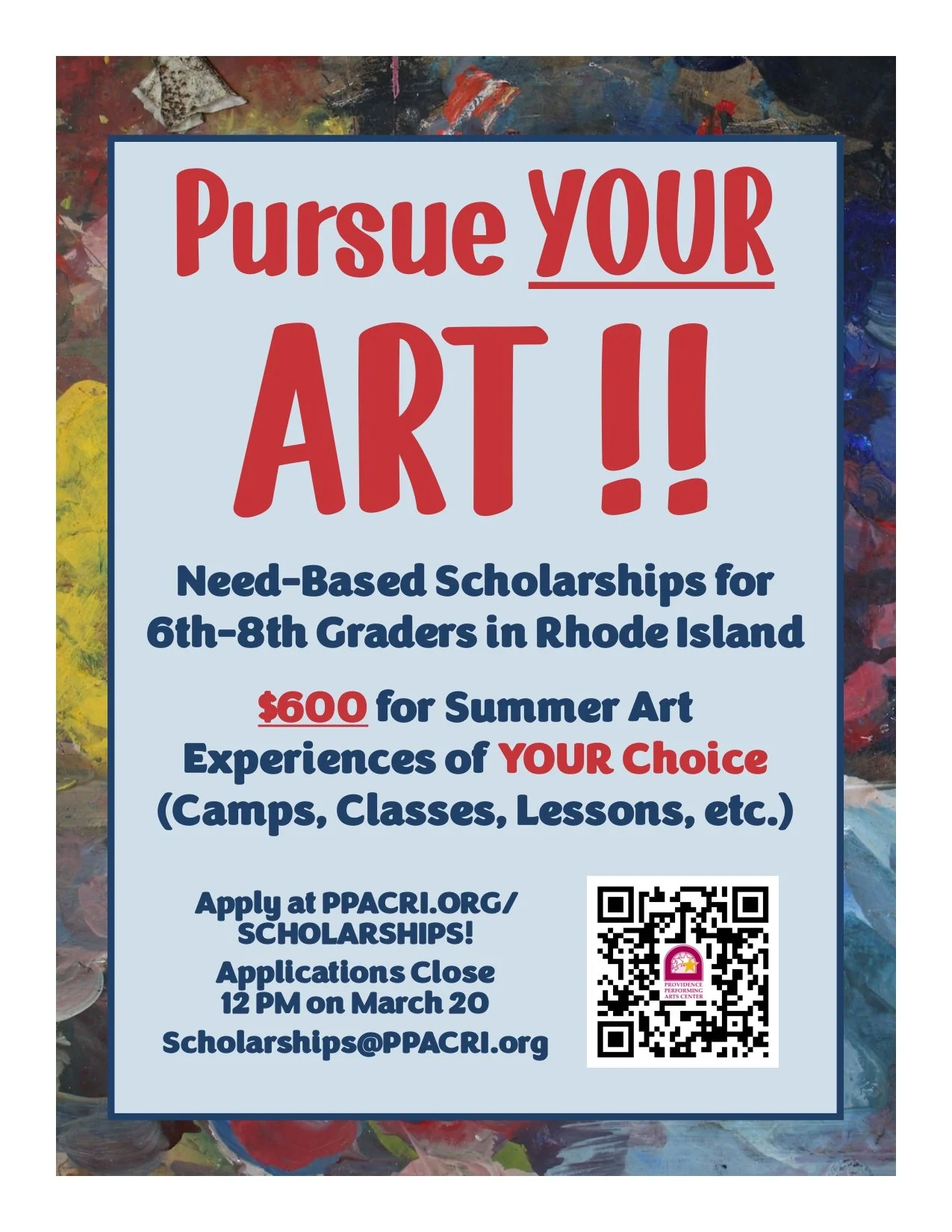 PPAC is offering need-based scholarships for 6th, 7th, and 8th-grade students to attend summer arts programs in RI.