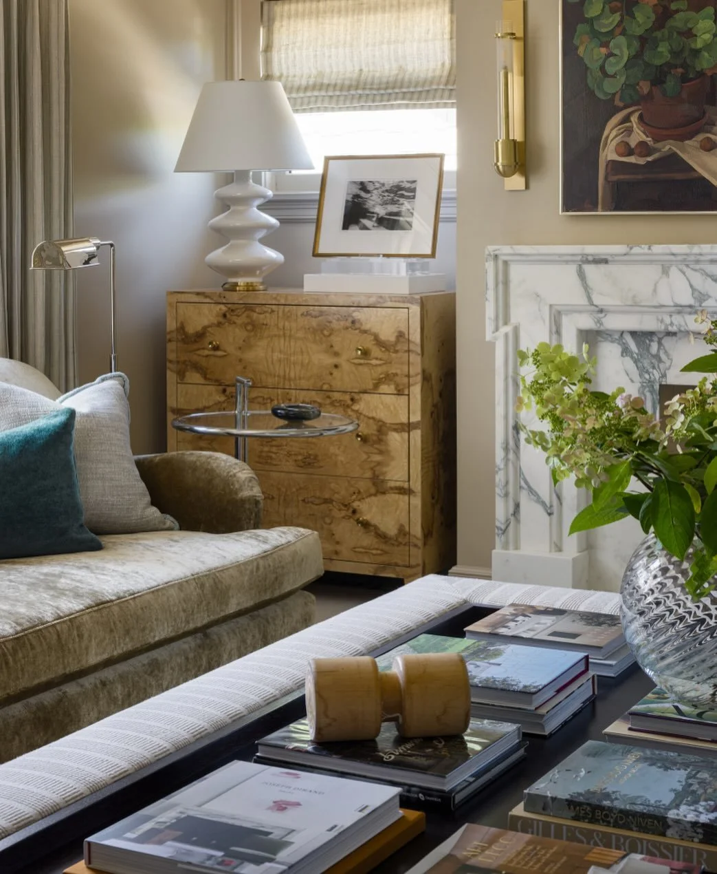Our studio designed this custom marble fireplace to anchor the first floor living room at Central Ave. Once a &ldquo;too big&rdquo; room that nobody sat in, it&rsquo;s now the coziest spot in the house. Design: @kobelandco Photography: @natesheetspho