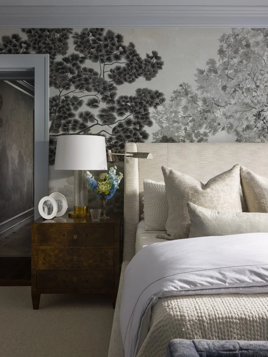 Formerly the primary bathroom, we transformed this window-filled room into the primary bedroom - fully lined in @schumacher1889 Italian Promenade mural and soft blue drapery for the feeling of a complete treehouse escape. 

Design: @kobelandco
Photog