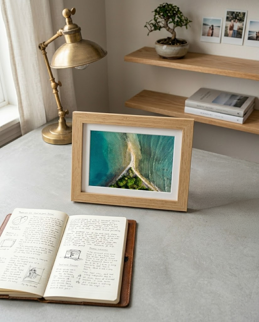 mock image of a desk with a 5x7 frame of a photo print. The photo inside the frame is an aerial landscape from a beach in Puerto Rico