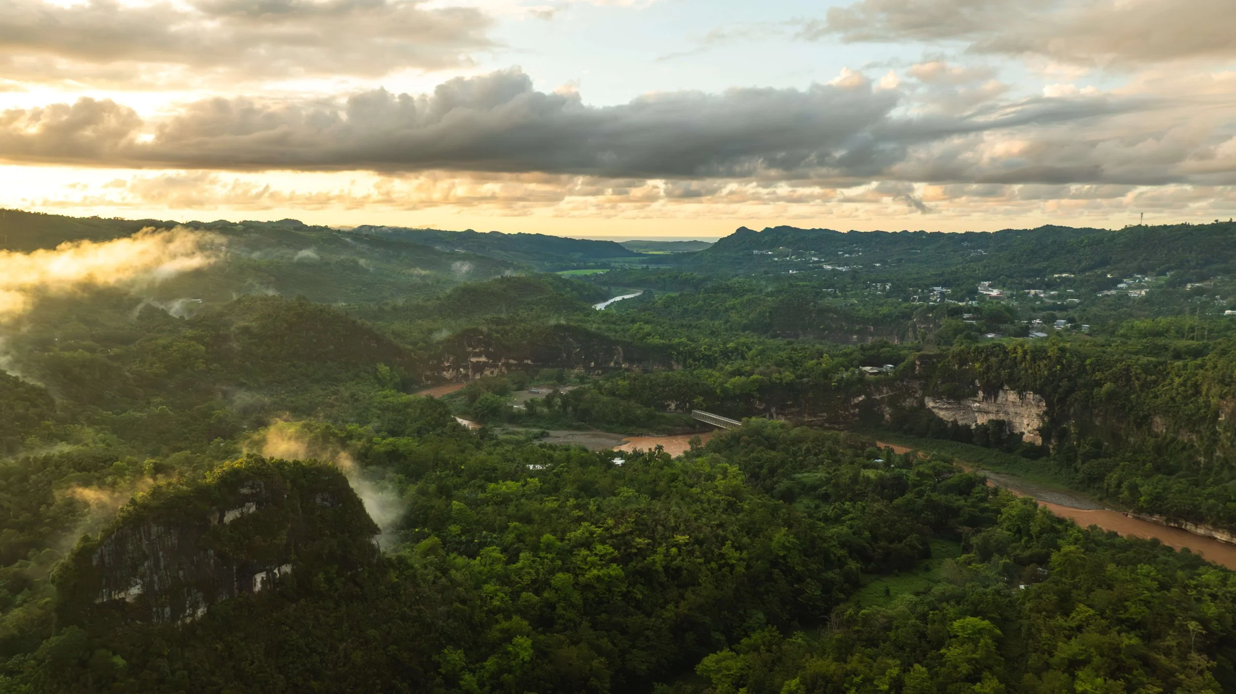 Landscape of lush green forests with mist rising from the trees, a river running through the valley, and cliffs in the foreground, under a cloudy sky at sunset.