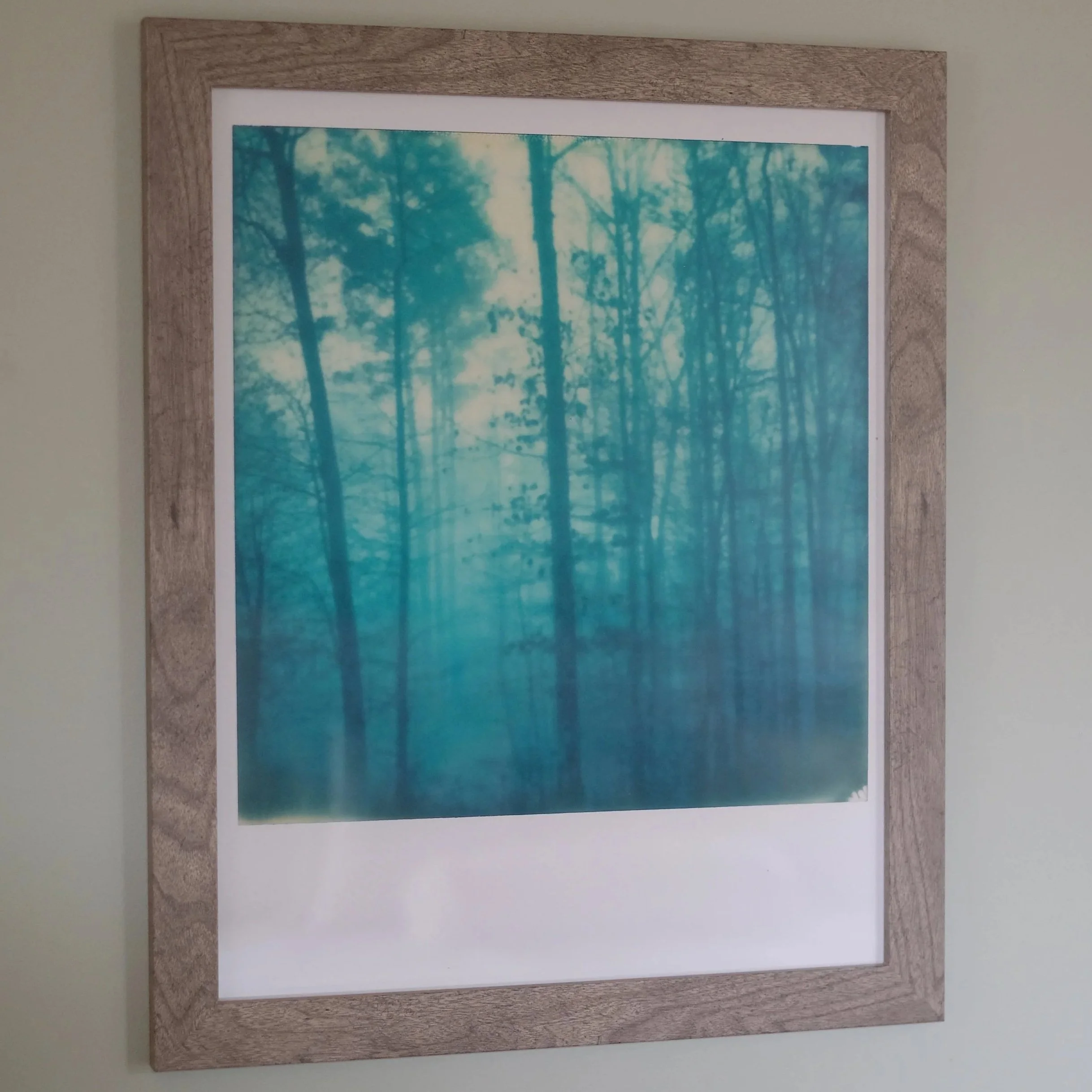 A framed print of a blue-tinted forest scene with tall, thin trees and mist.